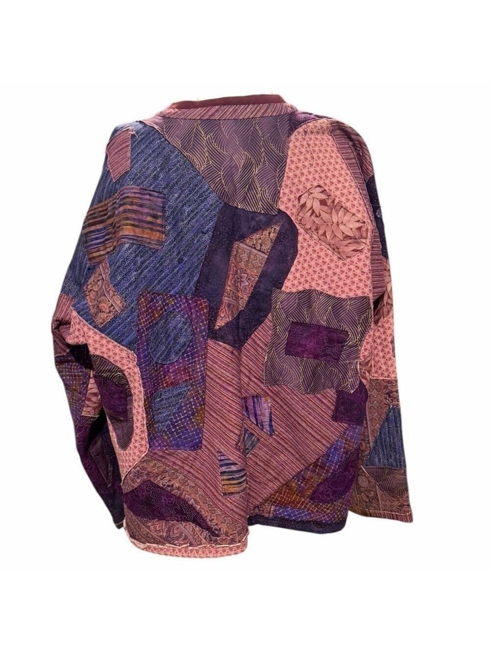 Upcycled Patchwork Quilt Abstract Patches Purples Reworked Open Front Jacket - Picture 4 of 8